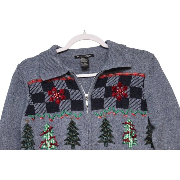 Vintage 90s Holiday Christmas Sweater Small Ramie Wool Zip Embroidered Beaded - Picture 2 of 14